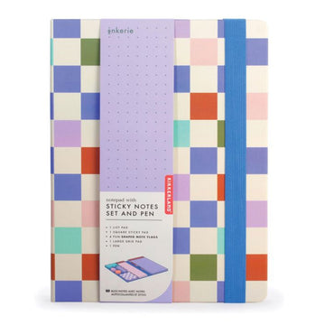 Packaged stationery set with checkered design on a white background