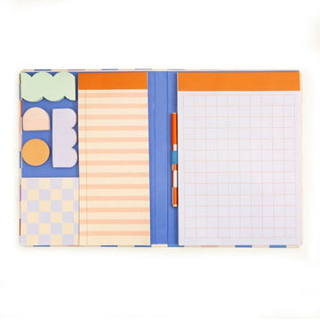 Packaged stationery set with checkered design on a white background
