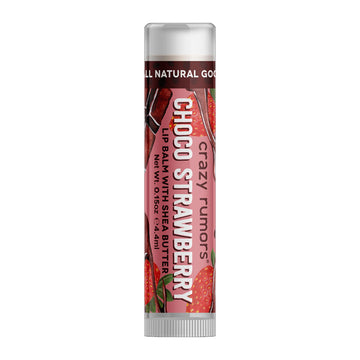A tube of lip balm with the heading 'Choco Strawberry' and illustrations of strawberries and chocolate.