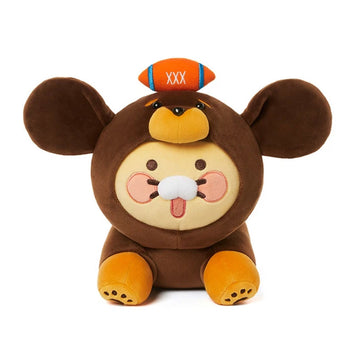Plush toy resembling a bear wearing a dachshund costumer on a white background.
