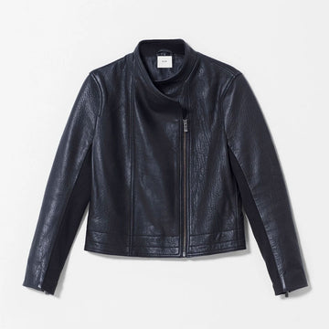 Front view of a women's leather jacket in black.