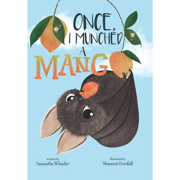 'Once I Munched a Mango' book cover featuring a photo of a bat eating a mango while upside down.
