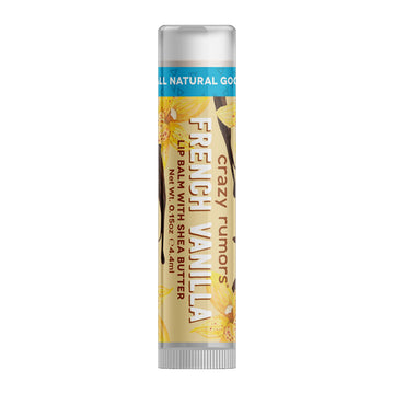 A tube of lip balm with the text 'French Vanilla' on the label with illustrations of yellow flowers.