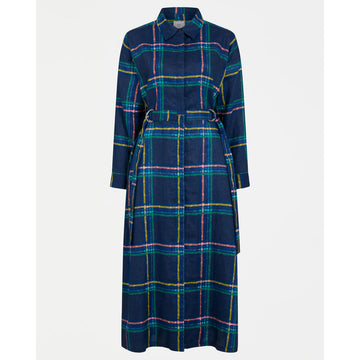 Navy blue plaid shirt dress with a matching belt on a white background.