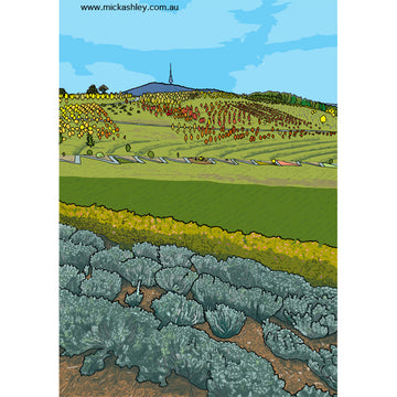 Illustrated landscape with fields, trees, and a tower under a blue sky.