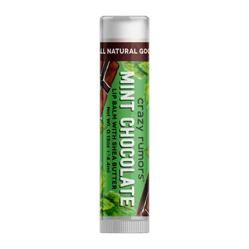 A tube of lip balm with the text 'Mint Chocolate' on the label with illustrations of chocolate and mint leaves.
