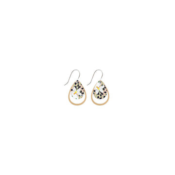 A pair of tear drop shaped drop earrings printed with floral artwork.