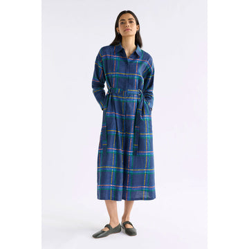 Navy blue plaid shirt dress with a matching belt on a white background.