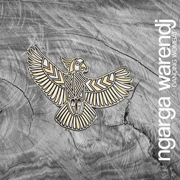 Decorative cockatoo pin on a textured stone background with 'ngarga warendj' branding.