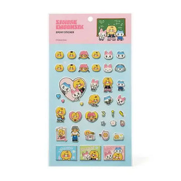 Packaged set of colorful epoxy stickers with cartoon characters on a light blue background.