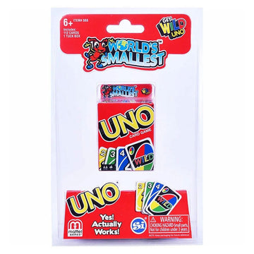 The world's smallest uno card game inside clear packaging with product information around it.