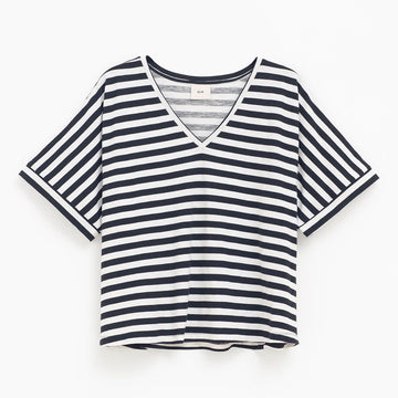 A black and white horizontal striped T shirt with a V neckline.
