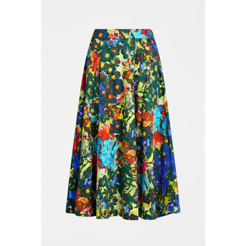 Colorful floral skirt on a white background.