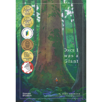 Book cover of 'Once I Was a Giant' with a large tree and small figure, featuring awards on the left.
