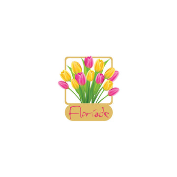 An enamel pin of a bunch of pink and yellow tulips with the text 'Floriade' underneath.