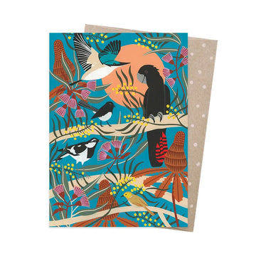 Colorful card with birds and foliage design on a white background.
