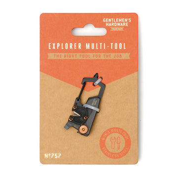A black multi tool attached to a brown and orange card. 