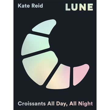 'Lune' book cover featuring a dark blue background with a silhouette of a croissant in a light green and pink gradient. 