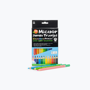 Pack of Micador Jumbo Triangle Colour Rush Pencils with a few pencils lying in front on a white background.