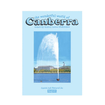 An illustration of the Captain Cook Memorial jet in Canberra by Trevor Dickinson attached to a blue card with product information.