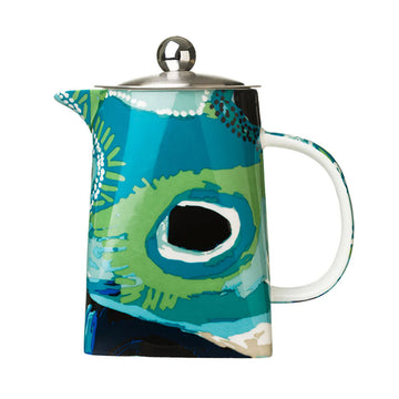 A ceramic tea pot printed with artwork by May Wokka and a stainless steel lid.