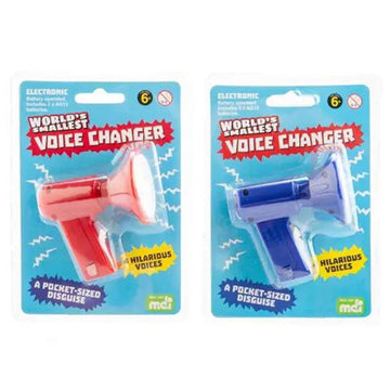 Two voice changers in packaging against a card with product information.