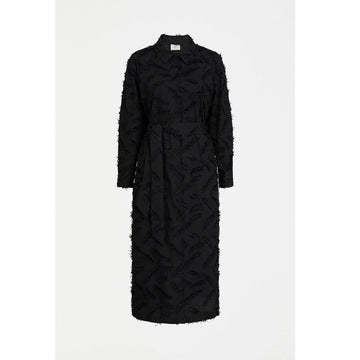 An image of a black dress with feather embroidery.