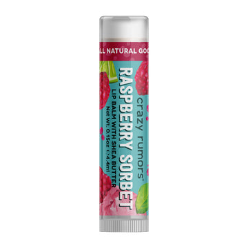 A tube of lip balm with the heading 'Raspberry Sorbet' on the label with illustrations of raspberries.
