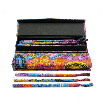 An open box of pencils resting on another box. The boxes and pencils are printed with artwork by Andrea Adamson.