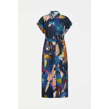 Colorful shirt dress with abstract pattern on a white background.