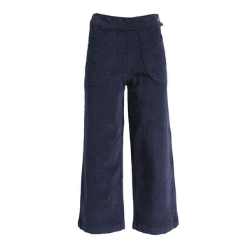 Front view of a pair of women's pants in navy corduroy with side pockets.