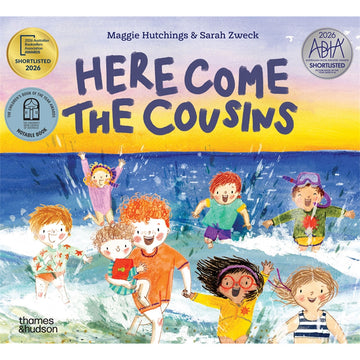 Book cover of 'Here Come the Cousins' with children playing in the water, the names Maggie Hutchings & Sarah Zweck, and ABIA Shortlisted badge.