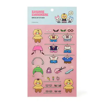 Dress up sticker sheet with cartoon characters and clothing items on a pink background.