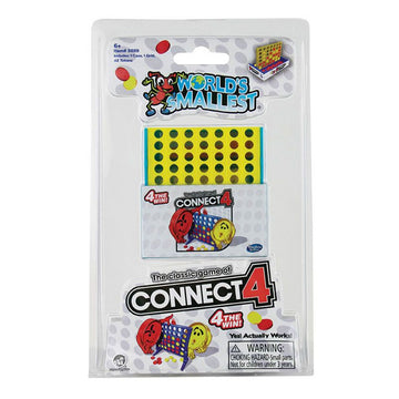 The world's smallest connect 4 game is inside clear packaging with product information around it.