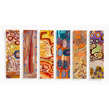 Six rectangle shaped card bookmarks, each with a different Indigenous artwork on them.