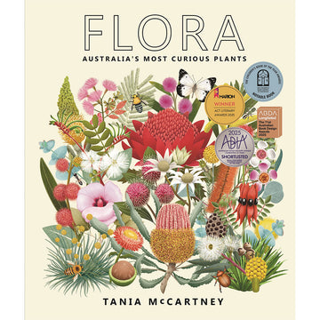 Book cover of 'Flora: Australia's Most Curious Plants' by Tania McCartney with illustrations of various plants and flowers.