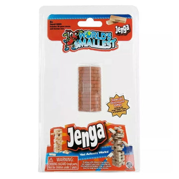 The world's smallest Jenga tower inside clear packaging with product information around it.