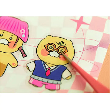Dress up sticker sheet with cartoon characters and clothing items on a pink background.