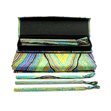 An open box of pencils on top of another box. The boxes and pencils are printed with artwork by Liddy Walker.