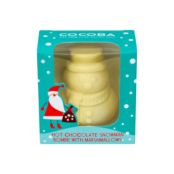 Hot chocolate snowman bombe with marshmallows in a teal box with Santa Claus illustration.