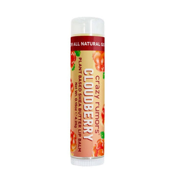 A tube of lip balm with the heading 'Cloudberry' and illustrations of fruits on the label.
