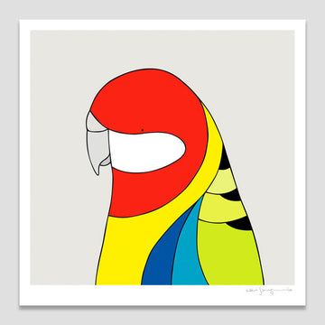 Colorful abstract parrot illustration on a white background.