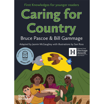 'Caring for Country' book cover featuring an illustration of four people holding vegetables with mountains and birds behind them.