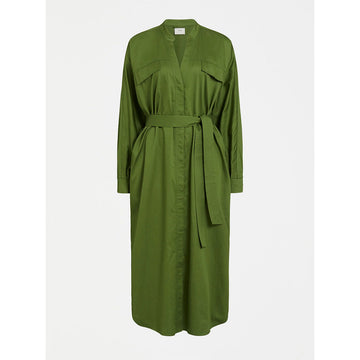 A women's shirt dress in olive green.