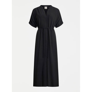 Black short sleeve dress on a white background.