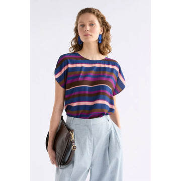 Multicolored striped shirt on a white background.