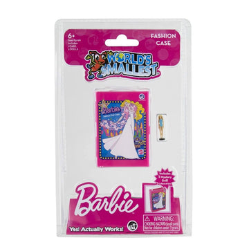 The world's smallest Barbie fashion case with a tiny barbie next to it inside clear packaging.