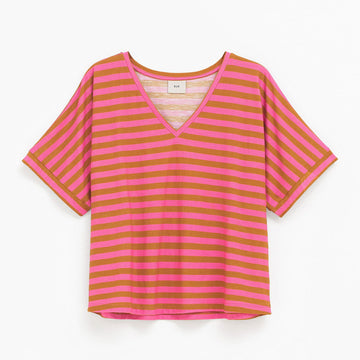 A pink and gold horizontal striped T shirt with a V neckline.