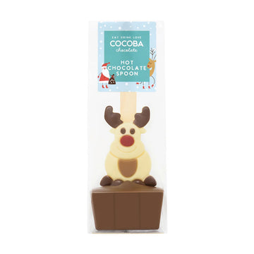 Cocoba hot chocolate spoon shaped like a reindeer in packaging on a white background.