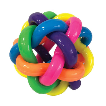 A bouncy ball with different coloured tubes in a spaghetti design.